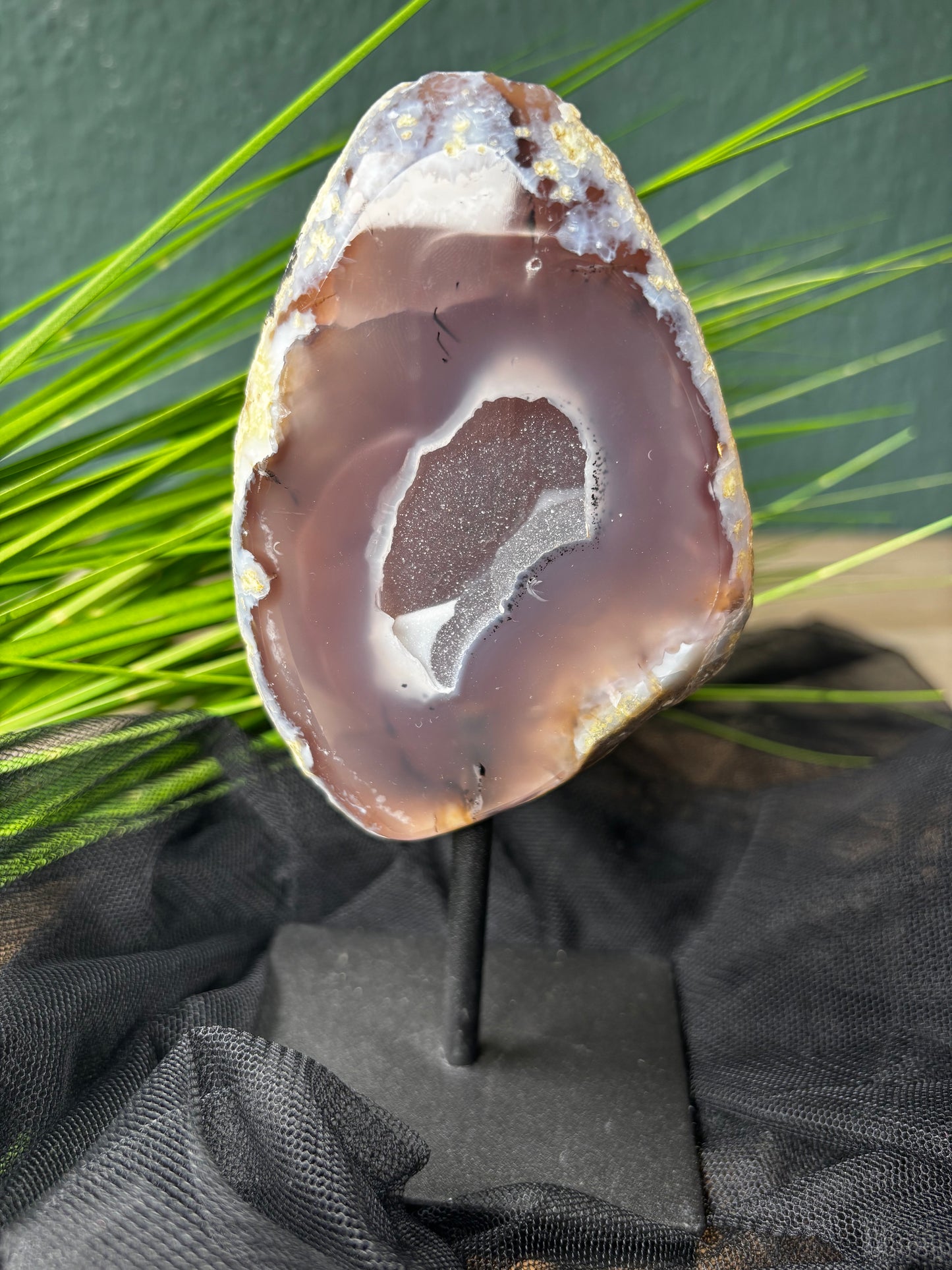 3 verschiedene Achate auf Stand mit Drusen – Farbe und Form variieren