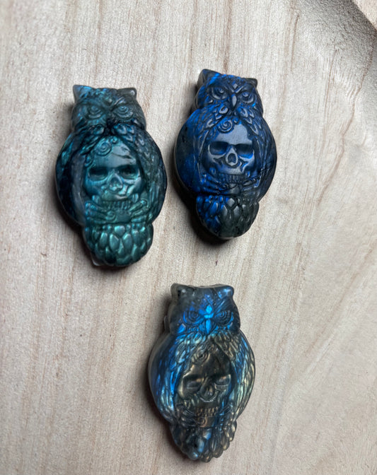 Carving Eule mit Totenkopf Labradorit