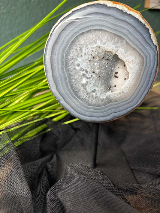 3 verschiedene Achate auf Stand mit Drusen – Farbe und Form variieren