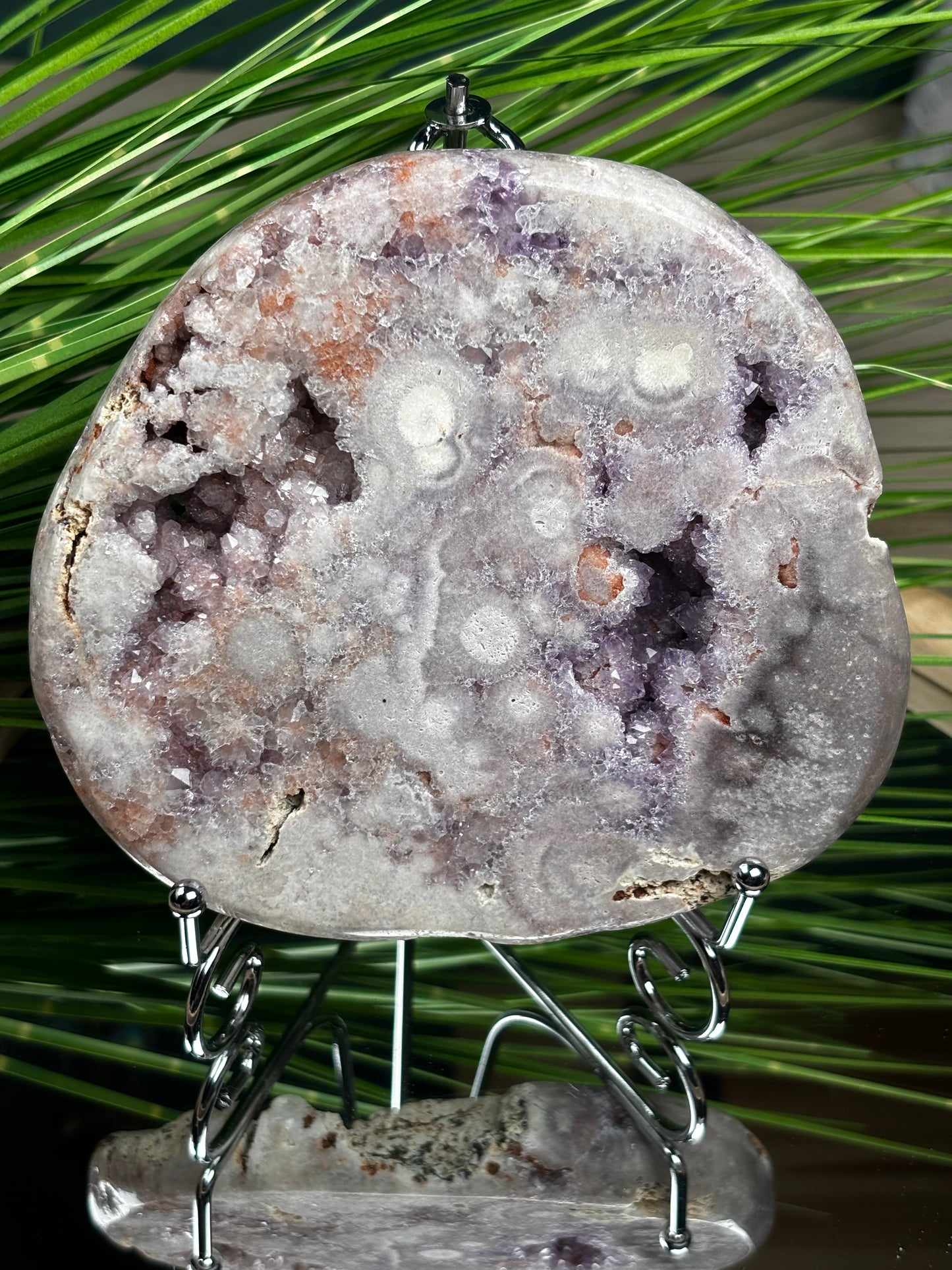 Pink Amethyst Scheibe mit Drusen und Bubbles – 13,4 cm