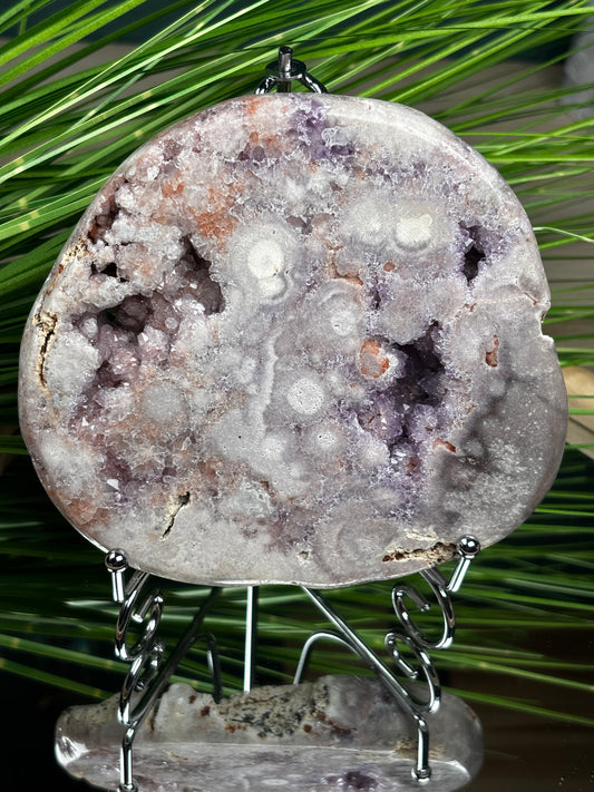 Pink Amethyst Scheibe mit Drusen und Bubbles – 13,4 cm